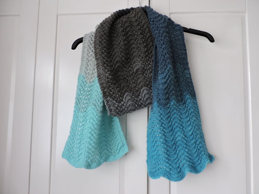 Knitted Scarf Blues Pale Grey and Charcoal