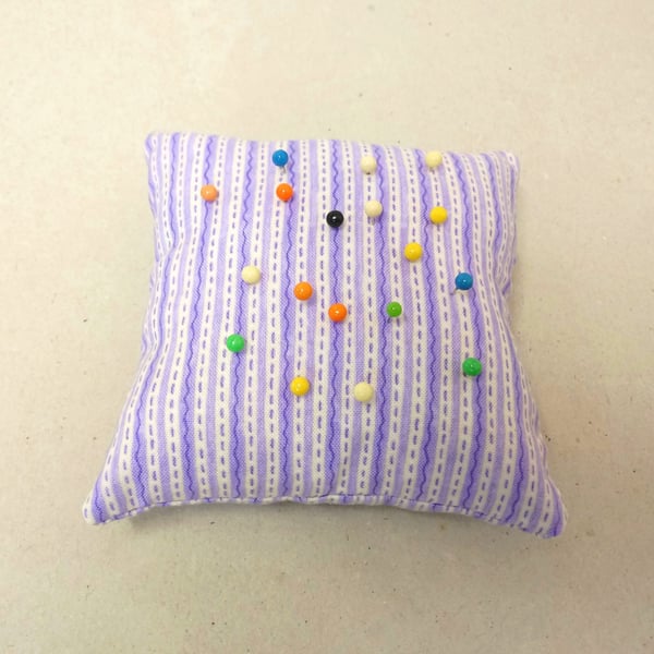 Pin cushion in lilac and white stripes, large, purple sewing accessory