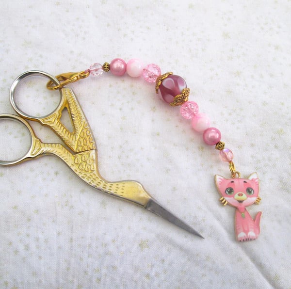 Pink and gold beaded scissor fob with cat charm, bag or purse decoration