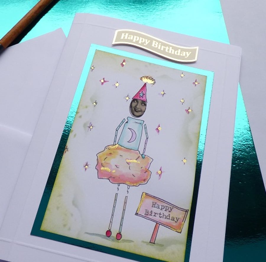 Moonshine doll card birthday card orange and gold