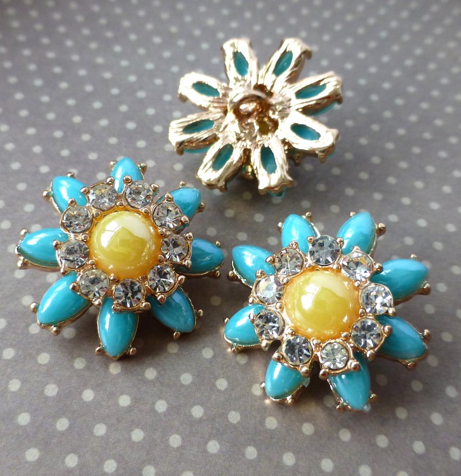 pack of 2 - Gold and Blue Shank Button Flower with Rhinestones