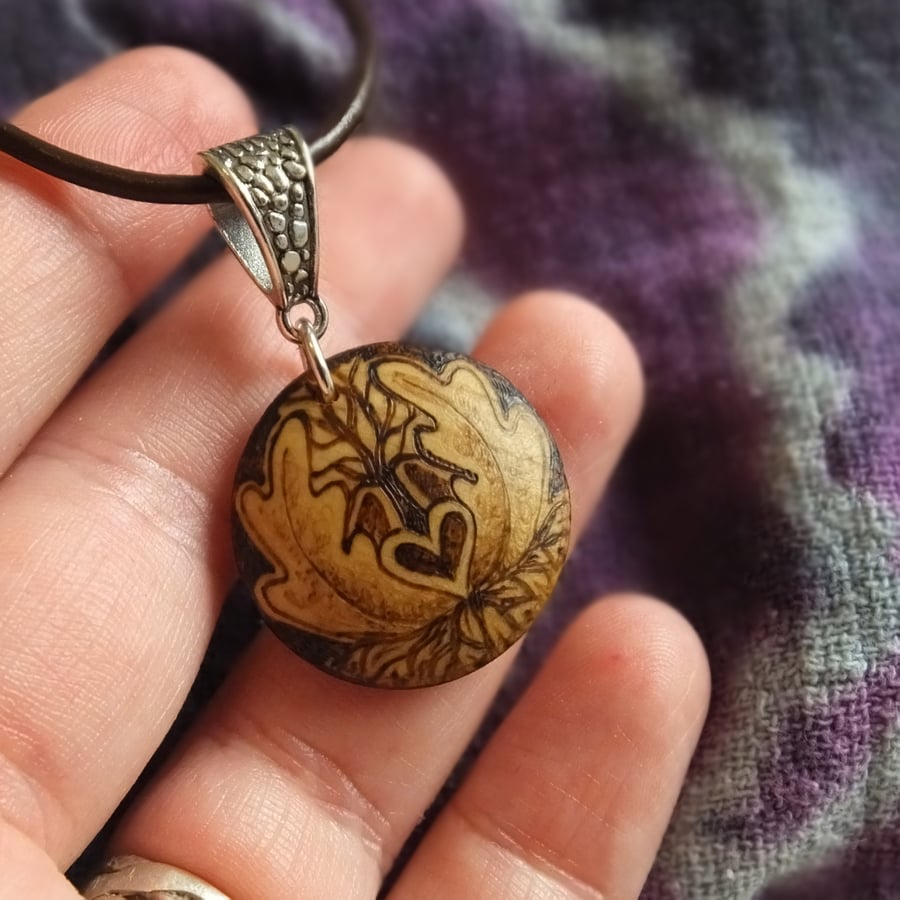 Heart of the Woodland Pyrography Wooden Pendant Necklace