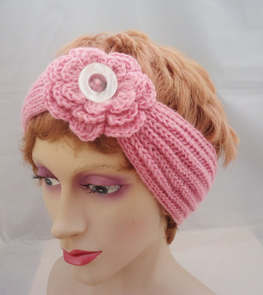 Headband with Crochet Flower, Women Hand Knit Headband, Headband in Pink