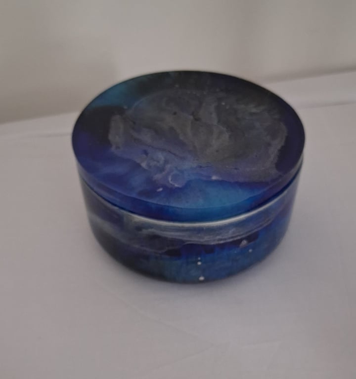 Handmade blue and silver epoxy resin decorative pot with lid.