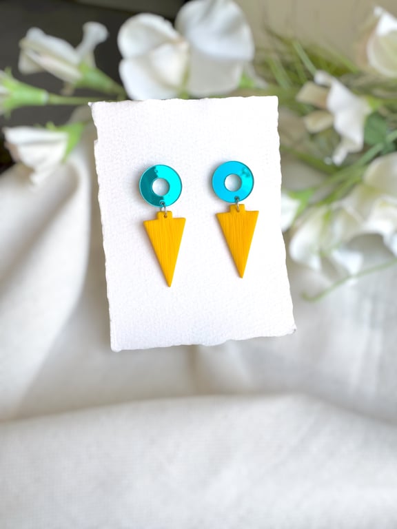 Teal Mirror Acrylic and Textured Yellow Triangle Dangle Earrings