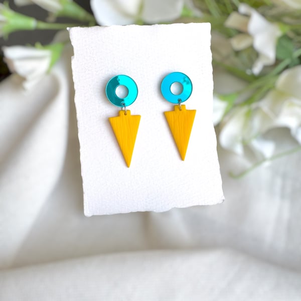 Teal Mirror Acrylic and Textured Yellow Triangle Dangle Earrings