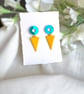 Teal Mirror Acrylic and Textured Yellow Triangle Dangle Earrings