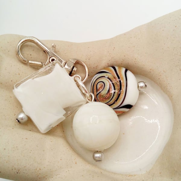 White Square Bead White Swirly Bead and Round White Gold & Black Bead Bag Charm