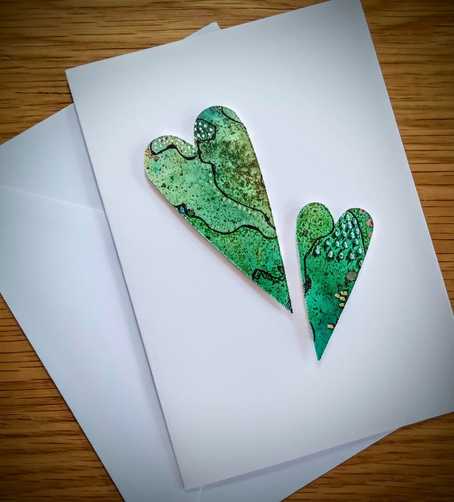 Hand-painted neurographic mixed media die-cut HEARTS greetings card & envelope