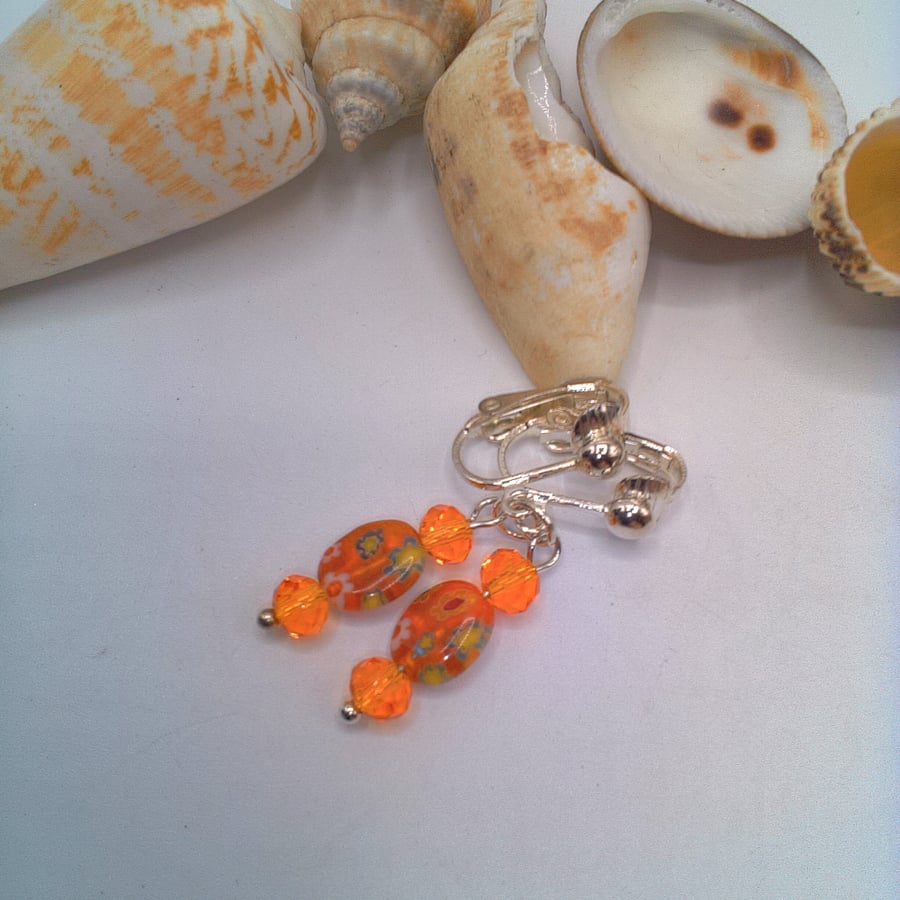 Orange Millefiori Bead and Orange Crystal Clip On Earrings, Gift for Her