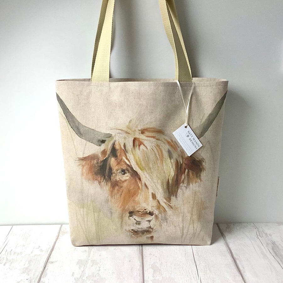 Long Handled Tote Bag - Highland Cow - Nature 