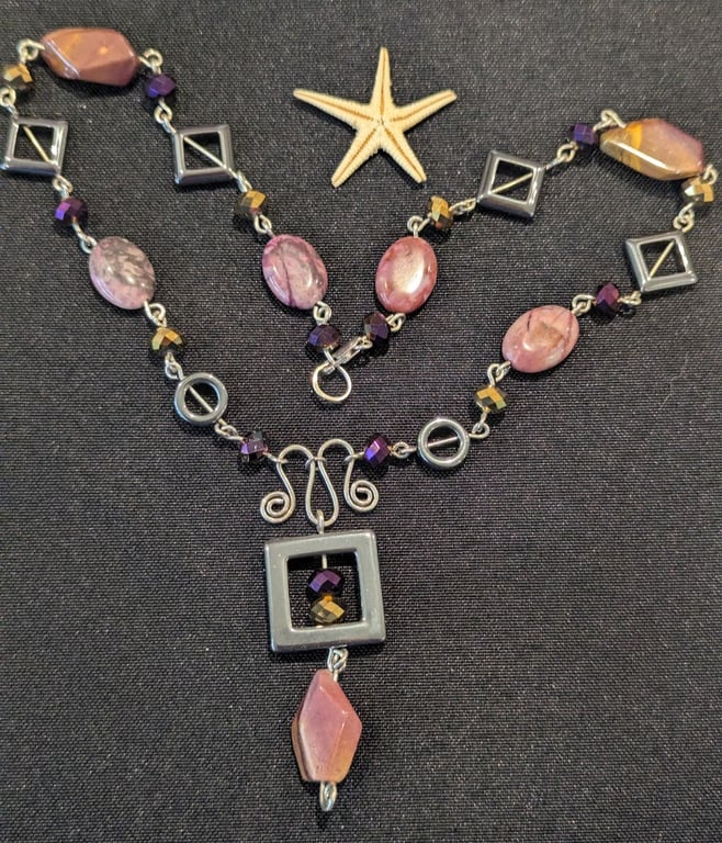 Moukite Jasper,  Hematite, Crazy Lace Agate with Sterling Silver Necklace