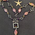 Moukite Jasper,  Hematite, Crazy Lace Agate with Sterling Silver Necklace