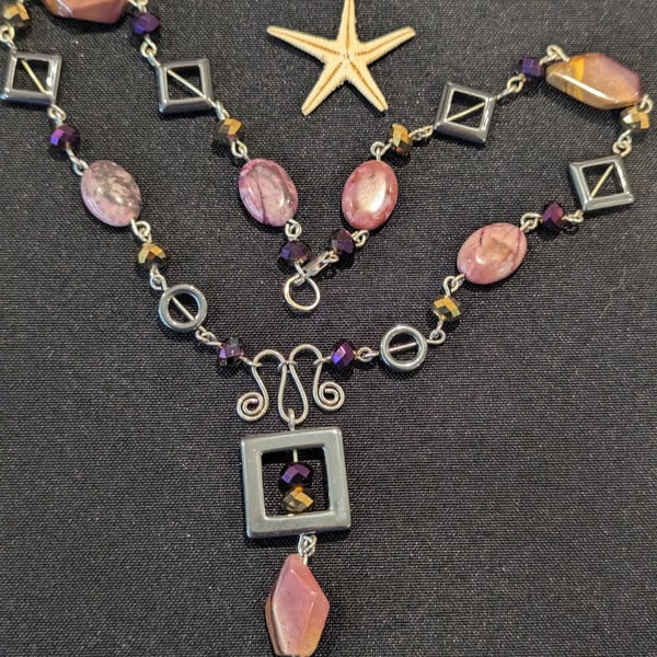 Moukite Jasper,  Hematite, Crazy Lace Agate with Sterling Silver Necklace
