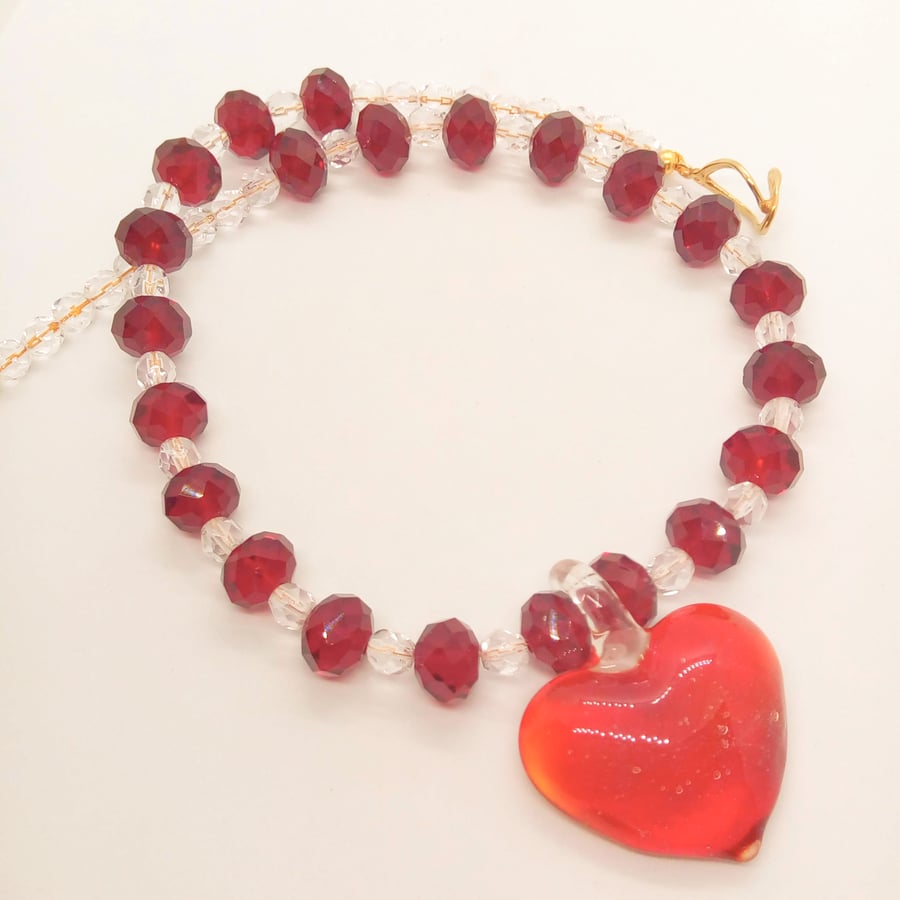 Red Glass Heart Pendant Necklace on a Red and Clear Crystal Necklace