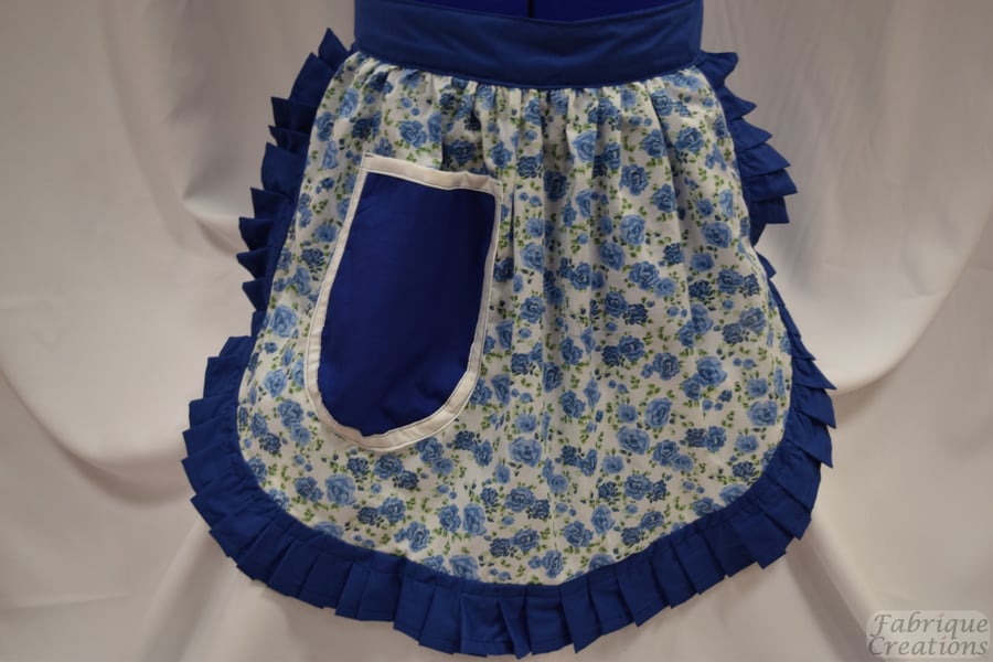 Vintage 50s Style Half Apron - Blue & White Roses with Blue Trim