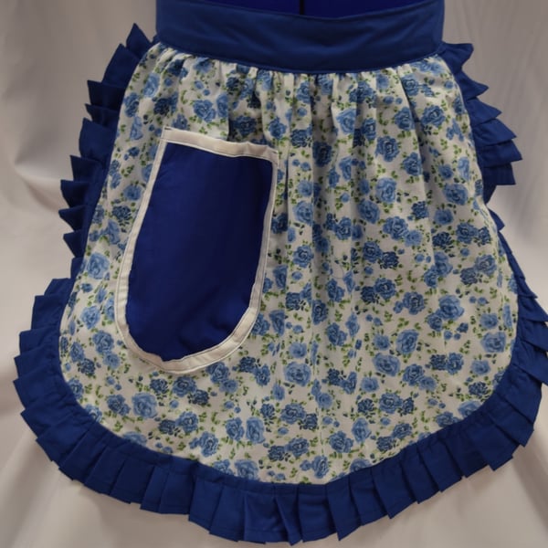 Vintage 50s Style Half Apron - Blue & White Roses with Blue Trim
