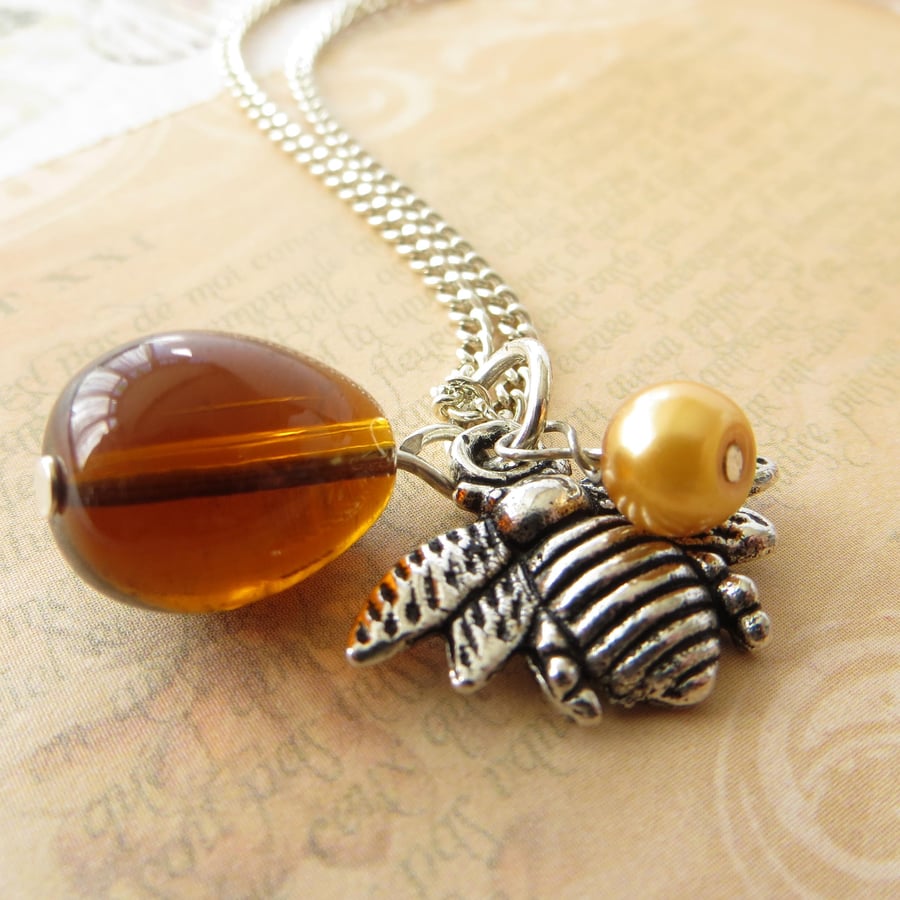 Bumble Bee Necklace, Brown Glass and Honey Pearl, Silver Bee Pendant