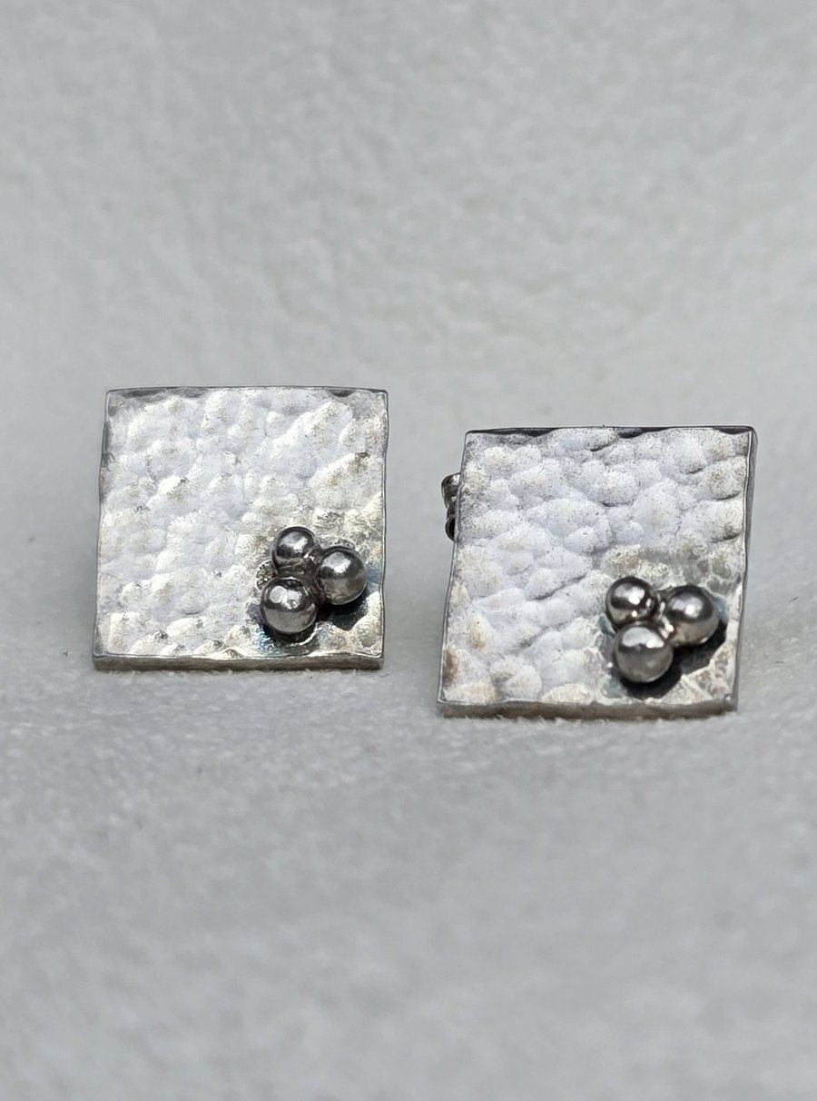 Recycled Sterling Silver Square Stud Earrings Hammered Textured