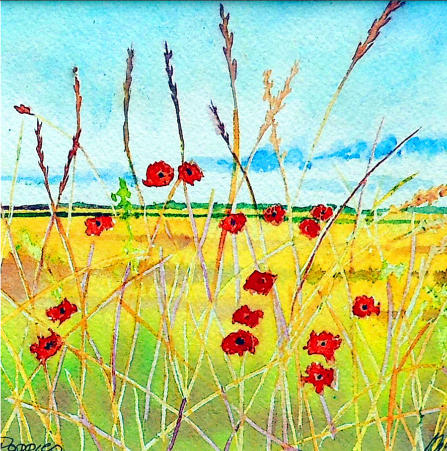 Poppy Flower Summer Fields Greeting Card from Original Watercolour Painting