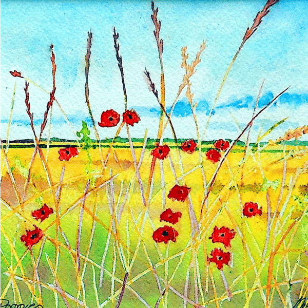 Poppy Flower Summer Fields Greeting Card from Original Watercolour Painting