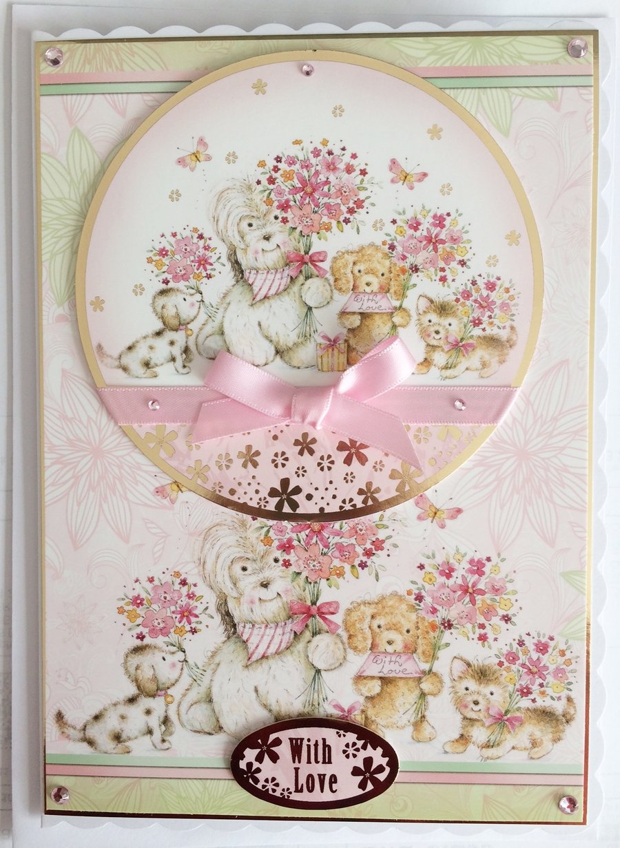 Birthday Card With Love Cute Cat Dogs with Bouquets of Flowers Any Occasion