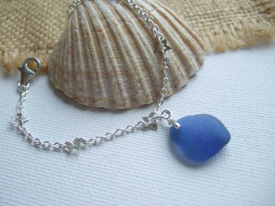 Scottish Sea Glass Bracelet, Star Chain With Beach Glass, Blue Sea Glass Charm