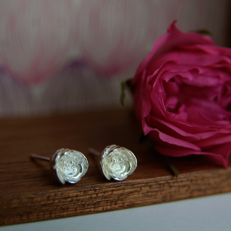 Rosebud Earrings, Silver Flower Studs, English Rose Bud, Handmade Jewellery