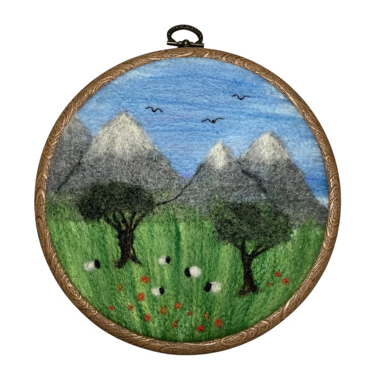 Sheep grazing with Mountain View, needle felted hoop art