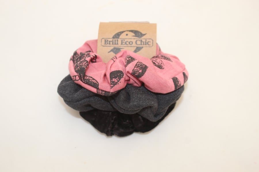  Elasticated hair scrunchies pink dragonfly,grey and black, Eco, 3 pack gift set