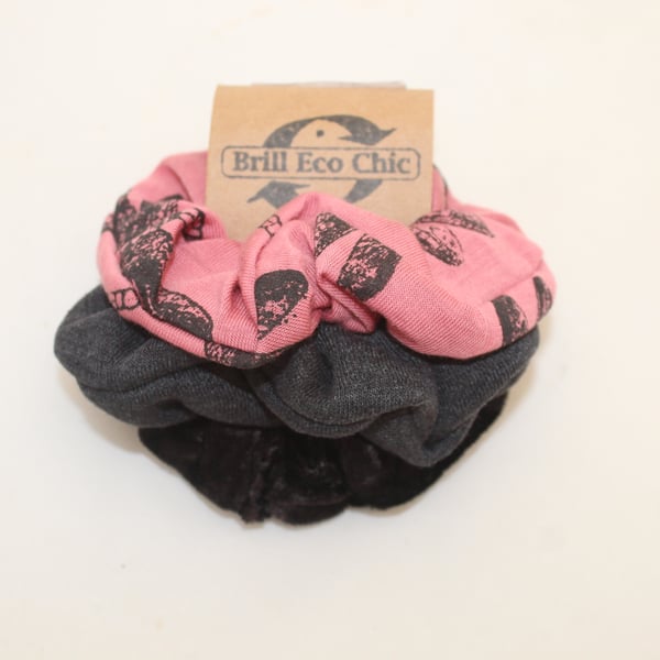  Elasticated hair scrunchies pink dragonfly,grey and black, Eco, 3 pack gift set