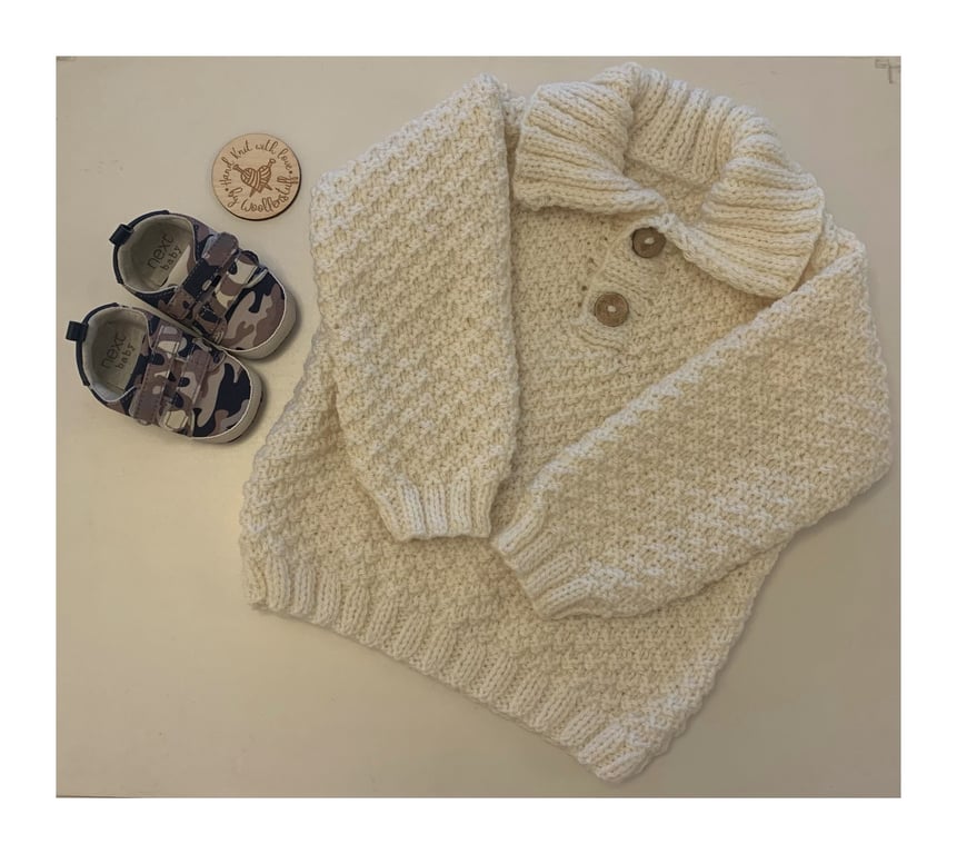 Made To Order Handknitted Mossy Aran Baby or Child Sweater 7 sizes. Any colour.