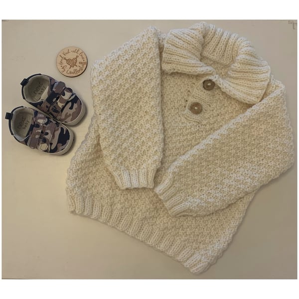 Made To Order Handknitted Mossy Aran Baby or Child Sweater 7 sizes. Any colour.