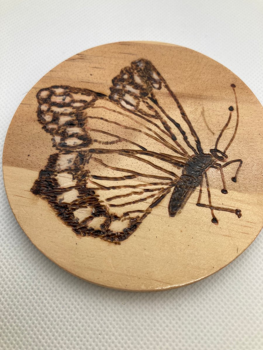 Butterfly Coasters hand burnt into wood