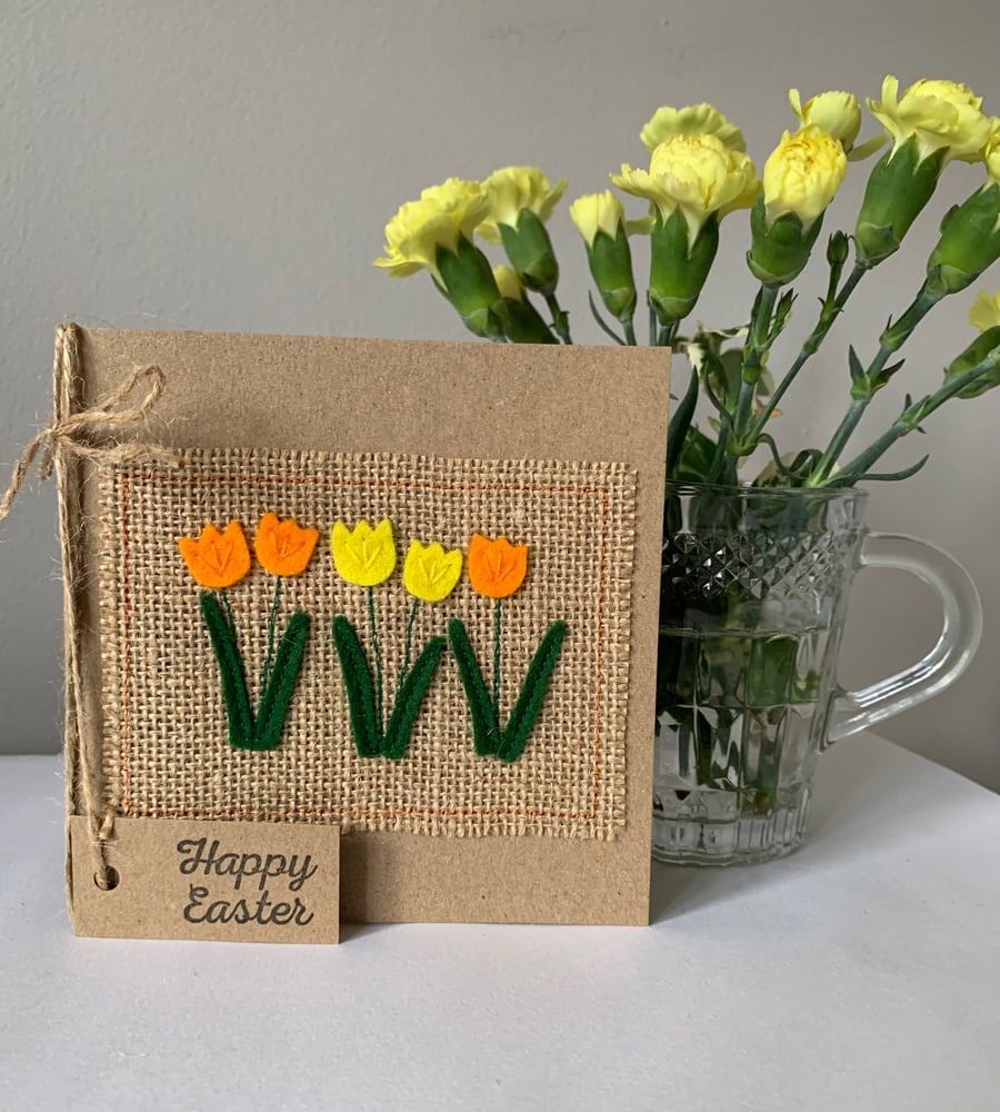 Easter greeting card with orange and yellow flowers. Handmade. Wool felt.