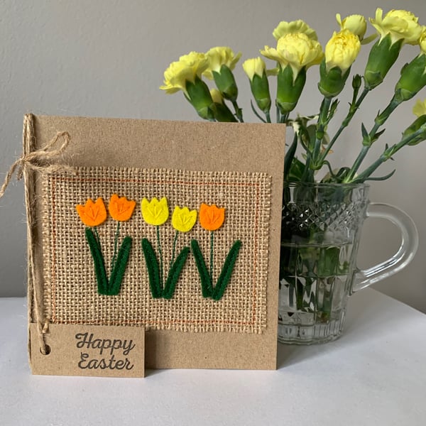 Easter greeting card with orange and yellow flowers. Handmade. Wool felt.