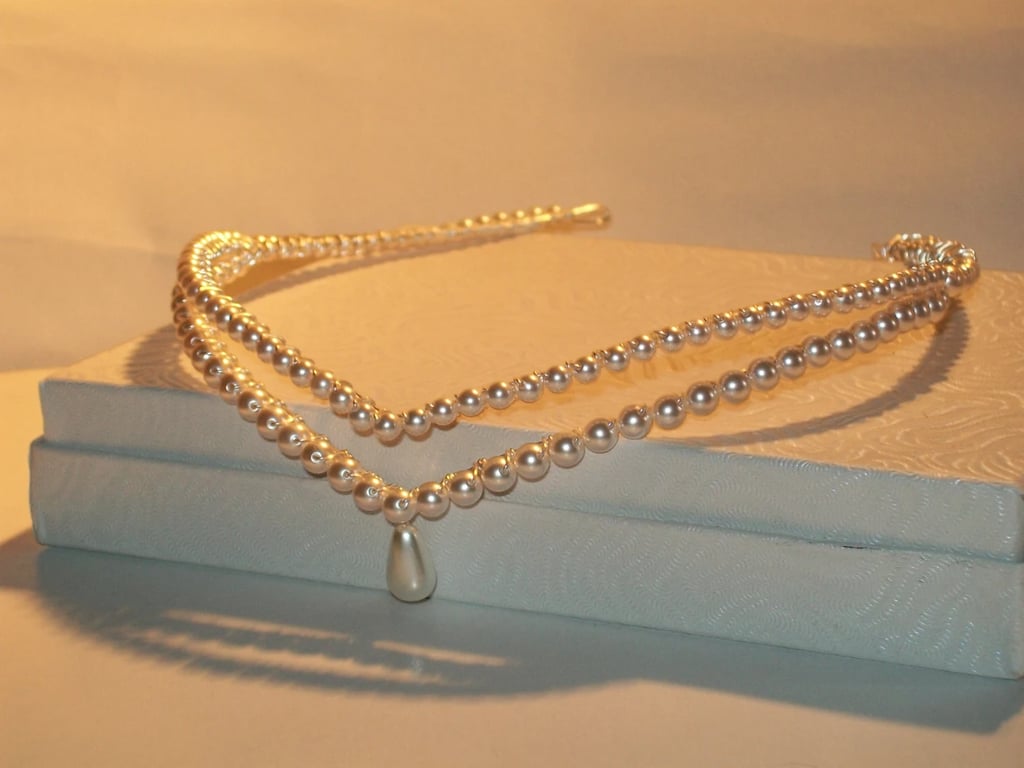 Handmade pearl double wedding bridal forehead tiara  circlet brow band