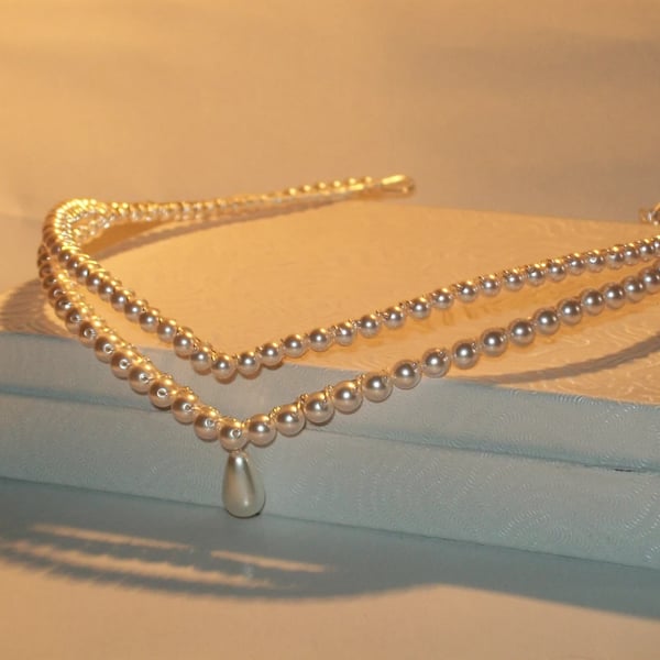 Handmade pearl double wedding bridal forehead tiara  circlet brow band