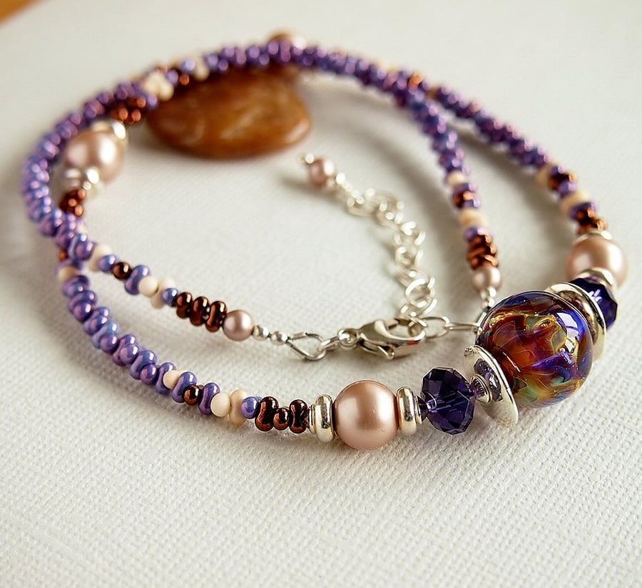 Beaded Glass Necklace - Mauve - Amber - Sterling Silver