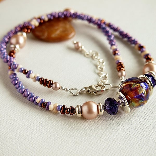 Beaded Glass Necklace - Mauve - Amber - Sterling Silver