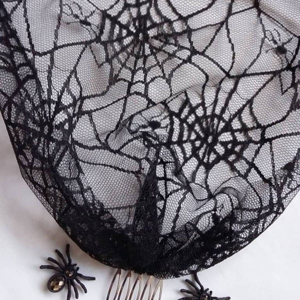 Black Halloween Cobweb Tulle Bandeau Birdcage Gothic Goth Bride Veil