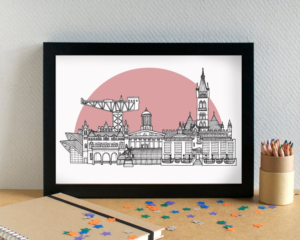 Glasgow Landmarks Skyline Art Print