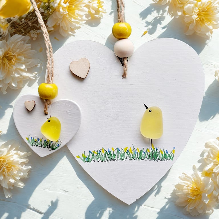 Yellow Sea Glass Bird Thank You Gift - Sea Glass Heart Chick Ornament
