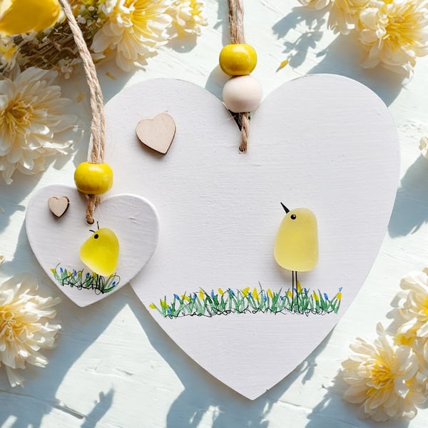 Yellow Sea Glass Bird Thank You Gift - Sea Glass Heart Chick Ornament