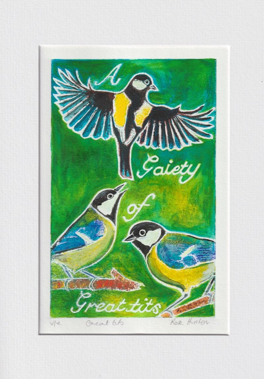 A Gaiety of Great tits - 001 original hand painted Lino print