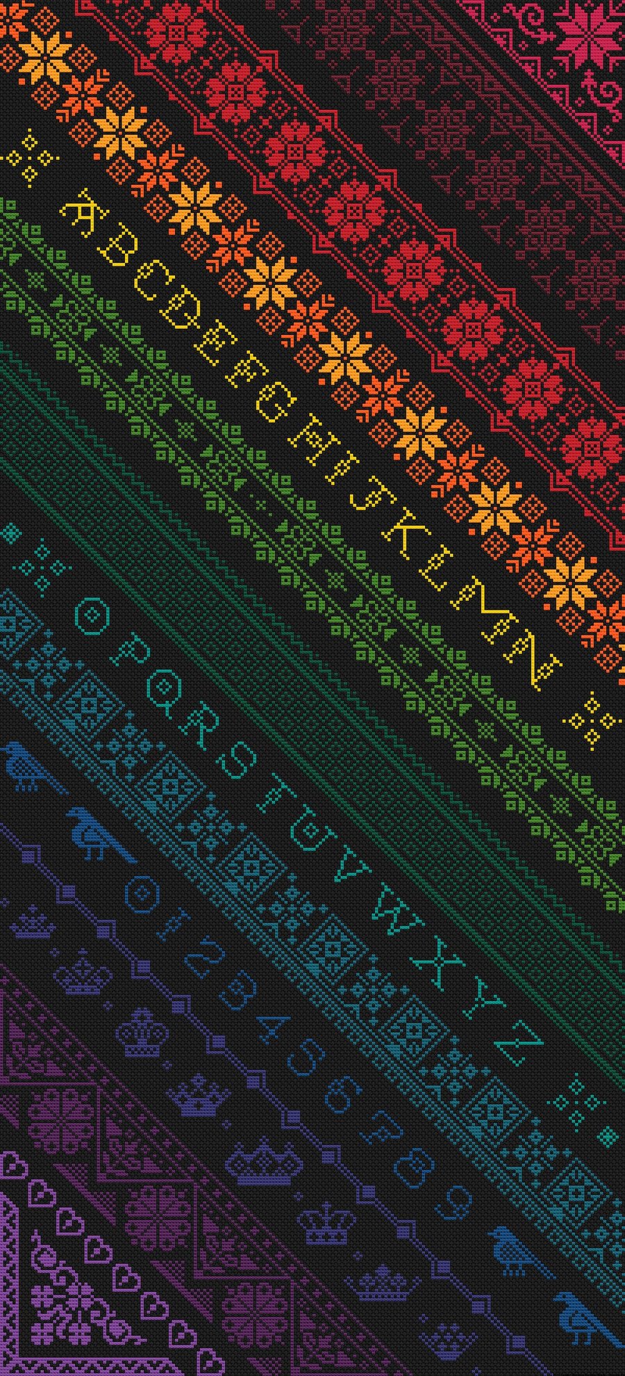 003 - Twisted Diagonal Rainbow Band Alphabet Sampler on Black - CS Pattern