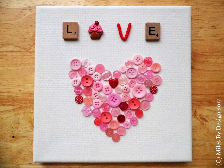 Handmade Button Heart Canvas