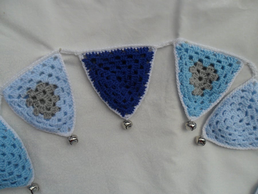 Crochet Bunting in Blues and Light Grey