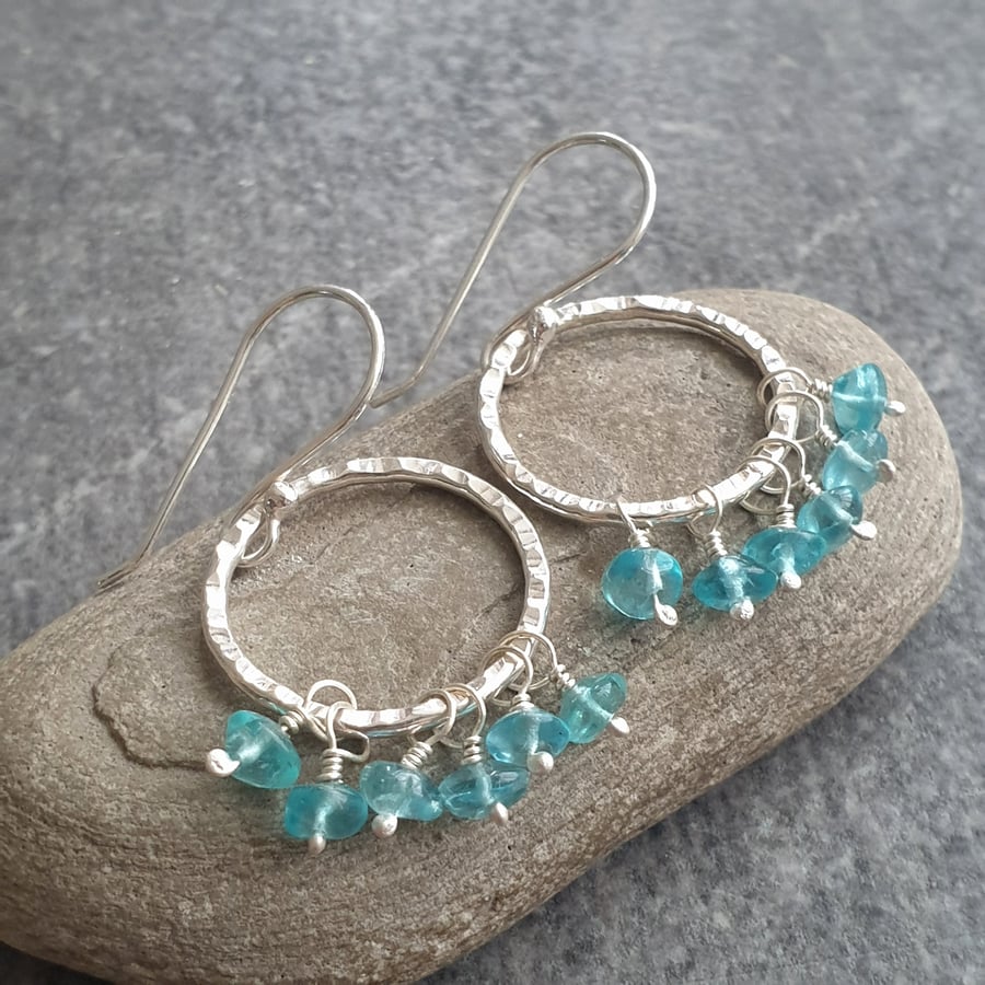 Sterling silver and apatite hoop earrings, Bright blue gemstones