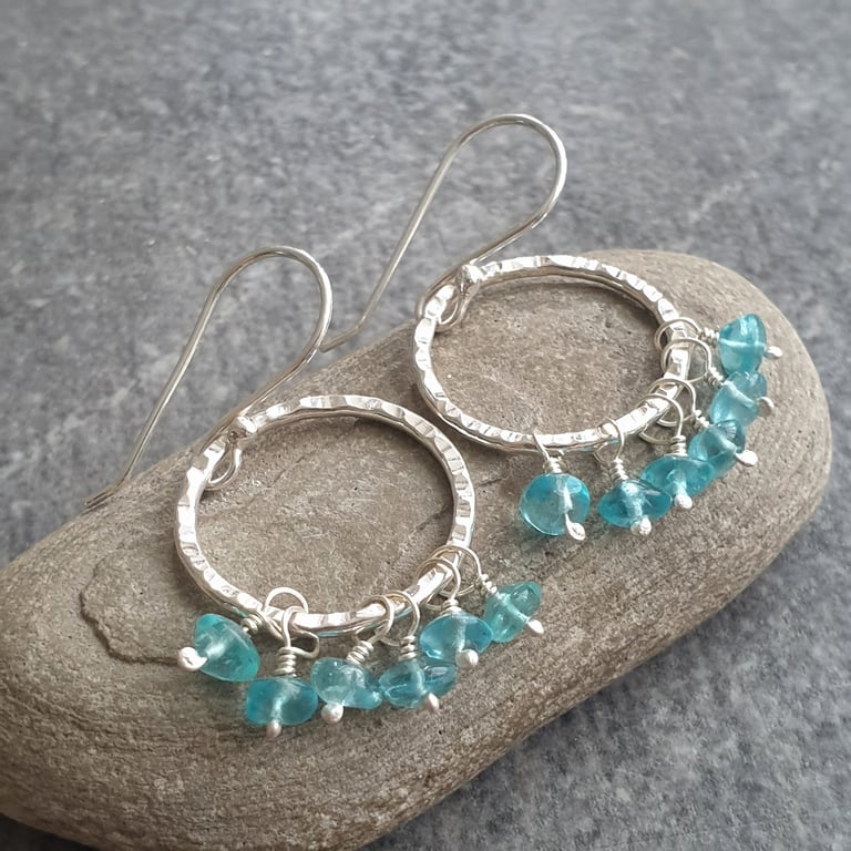 Sterling silver and apatite hoop earrings, Bright blue gemstones